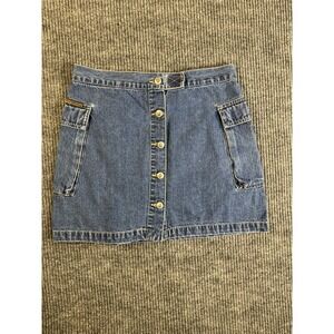Y2K No Excuses Women's Cargo Denim Skirt Blue Button Front Pockets Size 9/10